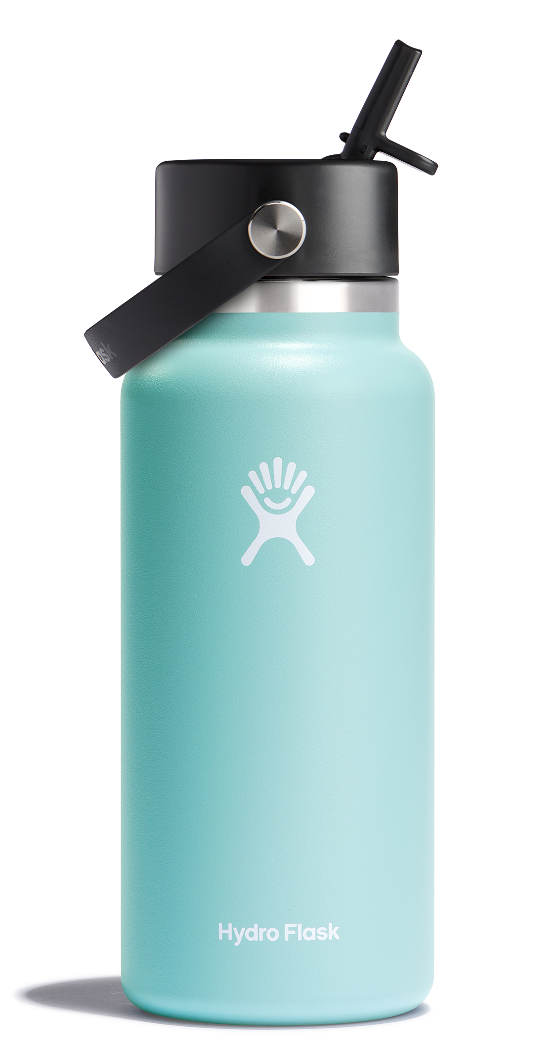 Hydro Flask Wide Mouth Insulated Water Bottle in blue with leakproof flex straw cap for easy sipping and filling.